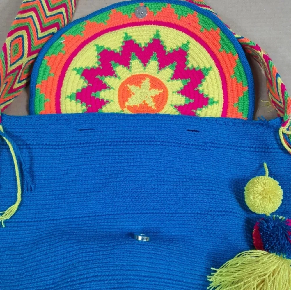 Wayuu Mochila Colombian Bag Turquoise‎ Large  Flap Cover Pompoms Authentic - Picture 4 of 8